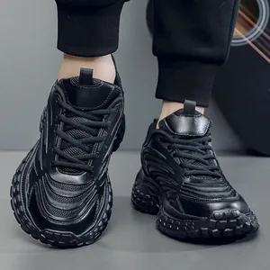 Men's all black chunky sneakers with thick platform soles and breathable mesh