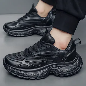 Men's chunky black platform sneakers with breathable mesh and rugged slip-resistant sole