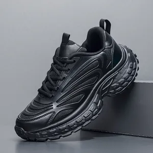 Men's all-black chunky platform sneakers featuring breathable mesh and anti-slip thick soles