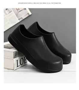 Detail of black waterproof EVA work shoes with slip-resistant thick soles for chefs