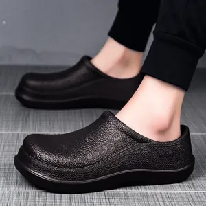 Side view of black anti-slip kitchen work shoes with premium lychee texture