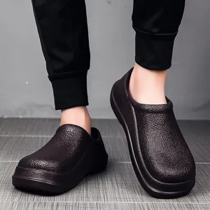 Close-up of brown EVA chef shoes with waterproof texture and lightweight slip-on design