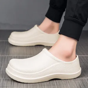 Close-up of beige waterproof chef shoes on model with non-slip texture and thick sole