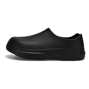 Detailed side view of black waterproof chef shoes with non-slip texture and oil-resistant EVA material