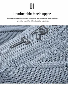 Detail view of breathable grey knit upper with textured fiber pattern and T R lettering