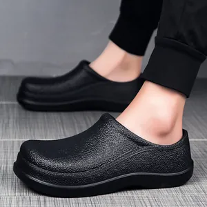 Waterproof non-slip black men's chef work shoes with textured EVA finish for kitchen safety