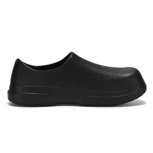 Macro side view of black waterproof slip-on chef shoes with oil-resistant EVA texture