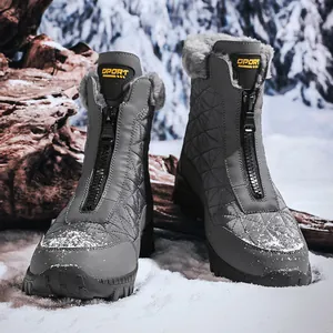 Botas de nieve grises impermeables para hombre con cremallera frontal y forro de felpa en nieve