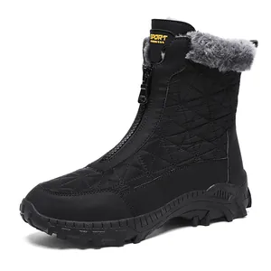 Men's black winter snow boots with front zipper, quilted fabric, and warm faux fur lining