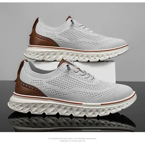Detail of grey knit casual loafers with brown leather trim and cushioned thick sole