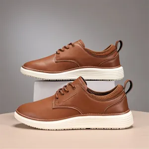 Brown casual leather oxford shoes for men with thick white cushioned non-slip sole