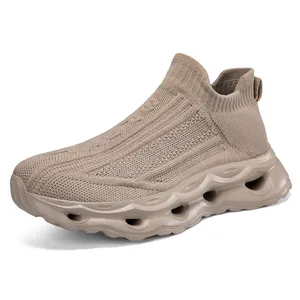Breathable khaki knitted slip-on sock sneakers with chunky cushioned hollow out soles