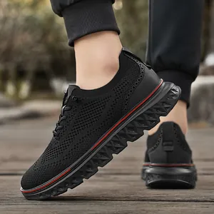 Men's breathable black mesh walking shoes with thick cushioned soles and red accents