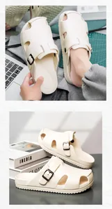 Detailed close-up of cream-white EVA clogs with buckle straps and breathable holes