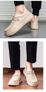 Close-up of beige slip-on loafers featuring breathable mesh texture and thick comfort soles