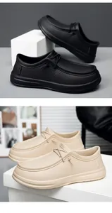 Slip-on casual men's shoes in black and beige with grid texture and anti-slip thick soles