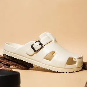 Cream white breathable EVA clogs with textured finish and adjustable buckle