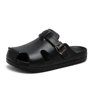 Lightweight black men's clog sandals with adjustable buckle and breathable leather texture
