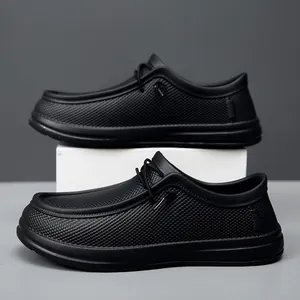 Waterproof black EVA casual loafers for men featuring slip-resistant soles and woven texture