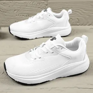 White breathable mesh running shoes with thick cushioned soles for men and women
