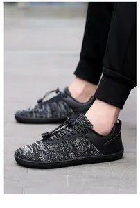 Detail view of breathable knit upper and quick-lace system on casual barefoot shoes