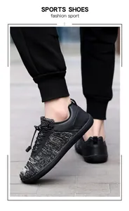 Detail of lightweight barefoot sports shoes with knit texture and quick-lace system