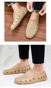 Detail view of khaki loafer-style garden shoes featuring breathable hollow-out design