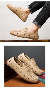 Close-up of khaki breathable EVA loafers with hollow holes and comfortable one-piece design