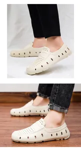 Detail view of cream white men's slip-on loafers with breathable hollow out mesh design