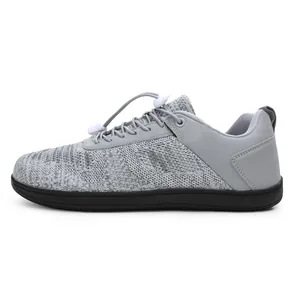 Light gray breathable knit barefoot shoes with quick-lace system and black rubber sole