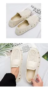 Detail of beige perforated EVA slip-on loafers showing breathable holes and lightweight texture