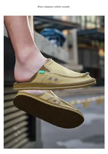 Detail of wear-resistant rubber outsole and khaki canvas upper with frayed edges