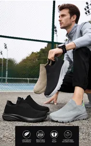 Three men's breathable mesh slip-on casual sneakers with thick cushioned soles shown outdoors