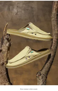 Detail of casual canvas mule featuring raw edges and wear-resistant rubber outsole