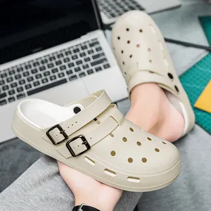 Chunky beige hollow sandals with adjustable metal buckles and thick anti-slip sole