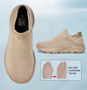 Detail view of khaki mesh slip-on shoe with wide toe box design for extra comfort