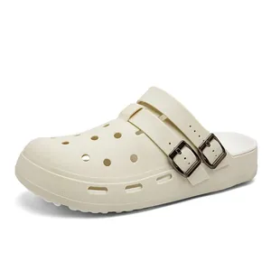 Beige lightweight platform clogs with dual adjustable buckle straps for summer outdoor wear