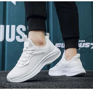 Macro view of white breathable mesh running shoes with thick shock-absorbing sole