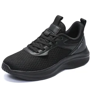 All-black breathable mesh running shoes with JGAK logo and shock-absorbing soles