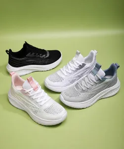 Top view of breathable mesh running shoes in multiple colors with thick cushioning soles
