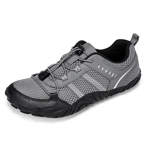 Breathable gray and black mesh outdoor sports water shoes with quick-toggle laces