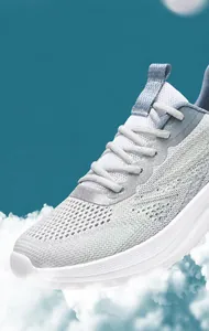 Close-up of breathable fly-knit upper on lightweight grey running shoes for men