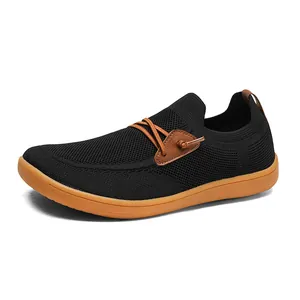 Men's breathable mesh slip-on shoes with wide-toe barefoot design and brown rubber sole