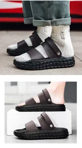Détails des sangles en cuir marron avec rivets métalliques et semelle épaisse antidérapante