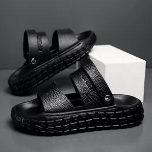 Mules de Sport Homme Semelle Épaisse EVA Ammorti Double Bride Sandales de Plage Texture Litchi Antidérapant Grandissant Chaussures Été Décontracté