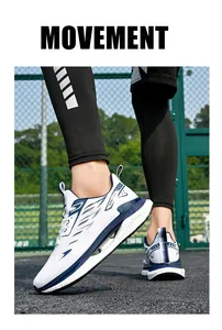 Close-up of white and blue running shoes featuring breathable mesh and cushioning soles