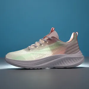 Lightweight breathable running shoes with iridescent mesh upper and cushioned white sole