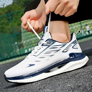 Lightweight breathable running shoes in white with navy accents and shock-absorbing sole