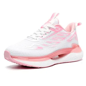 Lightweight white and pink breathable mesh running shoes with cushioned thick soles