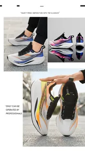 Outdoor close-up of breathable mesh running shoes with colorful gradient cushioning sole